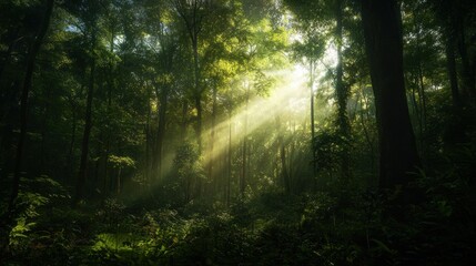 Wall Mural - Sunbeams Piercing Through a Dense and Lush Forest Canopy