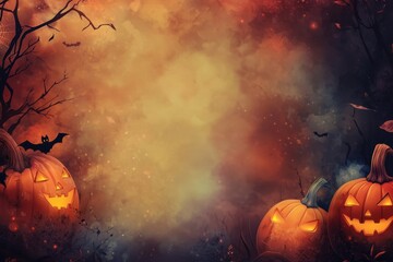 Wall Mural - Halloween-themed blank sign template with pumpkins and a spooky background Generative AI