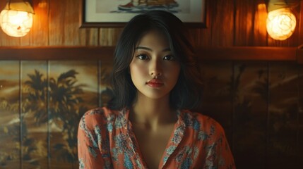 Canvas Print - A Young Woman with Dark Hair and a Floral Blouse Looking Directly at the Camera