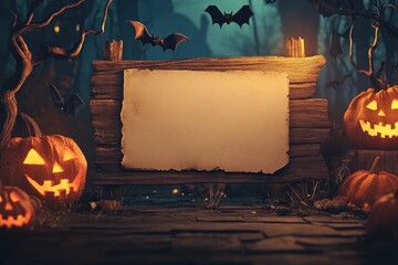 Wall Mural - A blank sheet of paper on an old wooden sign, illuminated by glowing pumpkins and bats in the background, creating spooky Halloween decorations for advertising or social media banners Generative AI
