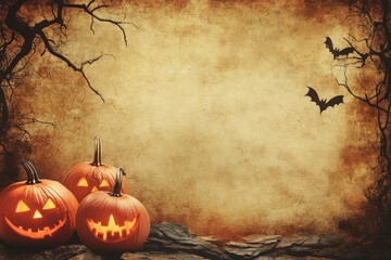 Wall Mural - Halloween-themed blank sign template with pumpkins and a spooky background Generative AI
