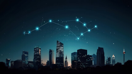 Wall Mural - A city skyline is lit up at night with a bright star in the sky