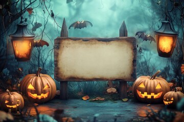 Wall Mural - Halloween background with blank sign and pumpkins, Halloween theme Generative AI
