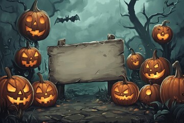 Wall Mural - Halloween background with blank sign and pumpkins, Halloween theme Generative AI