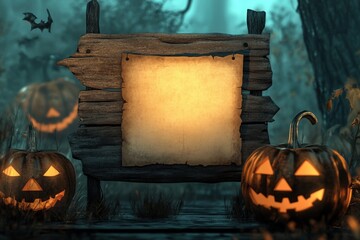 Wall Mural - A blank sheet of paper on an old wooden sign, spooky pumpkins in the background a Halloween night theme Generative AI