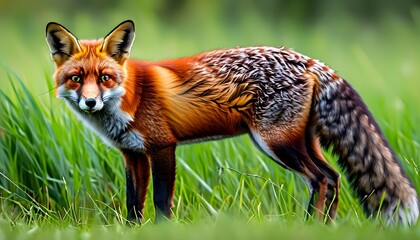 Wall Mural - Red fox gracefully poised amidst a lush green field of grass