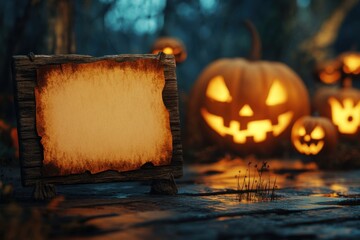 Wall Mural - A blank sheet of paper on an old wooden sign, spooky pumpkins in the background a Halloween night theme Generative AI