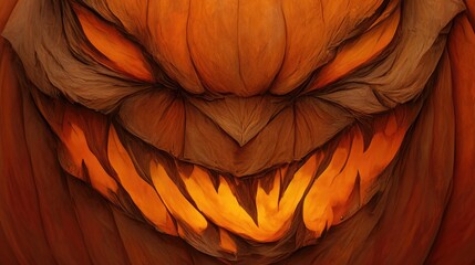 Wall Mural - Close up of a scary carved pumpkin with glowing eyes and a wide grin.