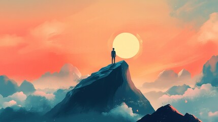 Canvas Print - Silhouette of a Man Standing on a Mountain Peak at Sunset