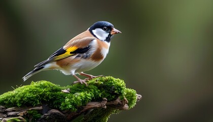 Wall Mural - Eurasian Siskin resting on a lush, moss-covered perch in a serene natural setting