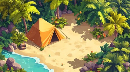 Poster - Tropical island campsite with tent, palm trees, and beach