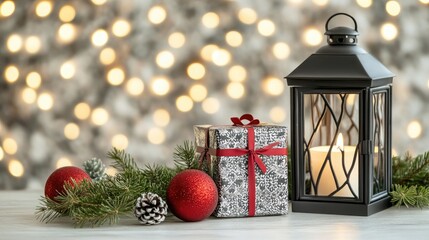 Wall Mural - A beautifully wrapped present on a wooden table is illuminated by a lantern, surrounded by red ornaments and evergreen branches, creating a cozy holiday atmosphere