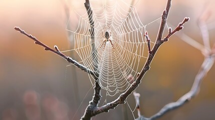 A spider weaving a delicate web between two branches in the early morning light