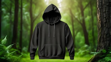 Sticker - Black Blank hoodie mockup on green natural jungle background.Blank sweatshirt black color preview template front and back view . crew neck mock up isolated on nature background.Winter Cloth collection