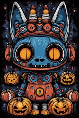 Poster - Robot Cat with Pumpkins