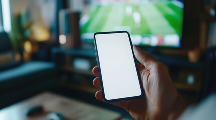 Poster - person holding smartphone with blank screen in front of blurred television displaying a sports game