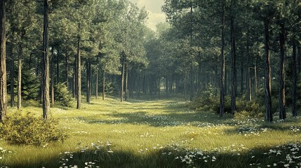 Wall Mural - Tranquil Forest Path with Sunlit Meadow