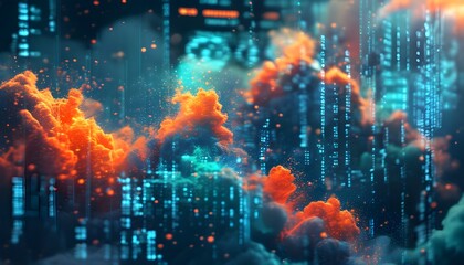 Wall Mural - Futuristic Data Visualizations in Glowing Teal and Orange with Cascading Code Elements and Depth-Enhancing Dust Clouds