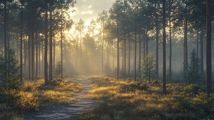 Wall Mural - Sunlit Path Through Foggy Forest - Tranquil Nature Scene