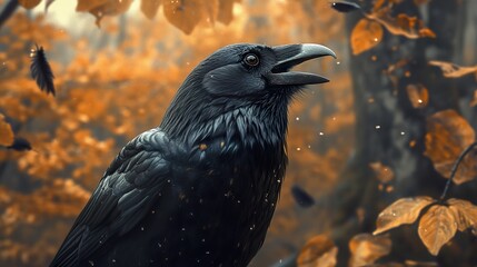 Wall Mural - Black Crow in Autumn Forest: A Close-Up Portrait