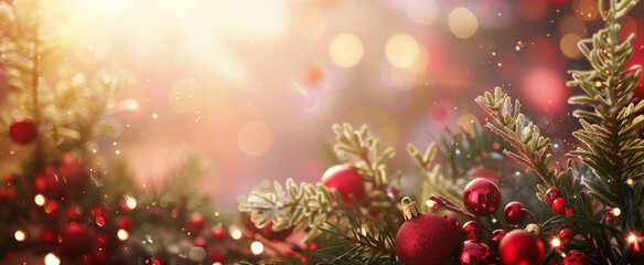 Christmas background with red berries and Christmas balls on snowy tree branches, with bokeh lights in the background.