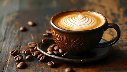 steaming cup of coffee on a cozy wooden table with sunlight streaming through the window