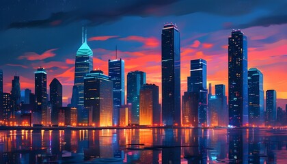 Wall Mural - vibrant digital illustration of a bustling metropolis at night illuminated by neon lights reflecting on sleek skyscraper glass facades