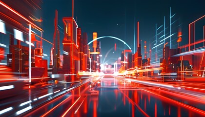 Wall Mural - Futuristic red and white digital landscape featuring glowing geometric shapes and a blurred cityscape in dynamic motion