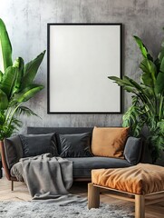 Canvas Print - Modern living room interior with sofa, plants, and blank picture frame mockup for your design