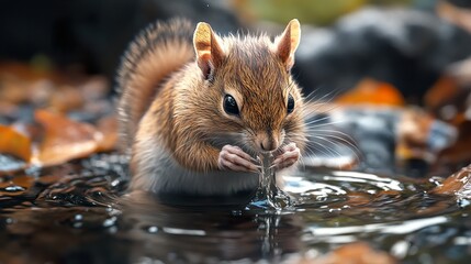 Wall Mural - Close-up of a Squirrel Drinking Water in a Forest Stream