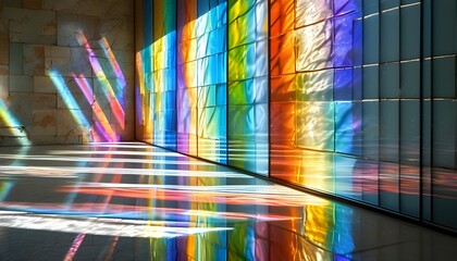 Wall Mural - Prismatic Light Dance Through Glass Block Wall Creating Intricate Patterns on the Floor