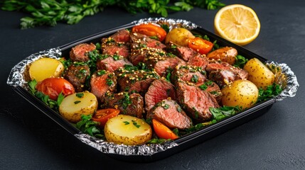 Sliced medium-rare marinated beef is artfully arranged alongside roasted potatoes and tomatoes, complemented by a vibrant lemon on a dark grey tabletop