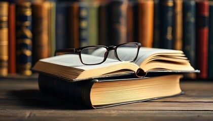 Wall Mural - Reading glasses resting on an open book on a wooden table