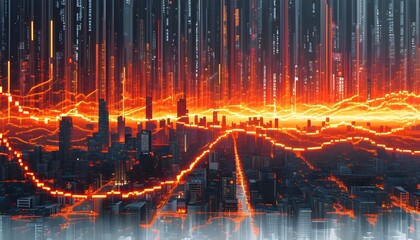 Wall Mural - Futuristic cityscape merging with dynamic data streams and code against a pixelated white background, featuring vibrant reds and oranges that symbolize technological integration.