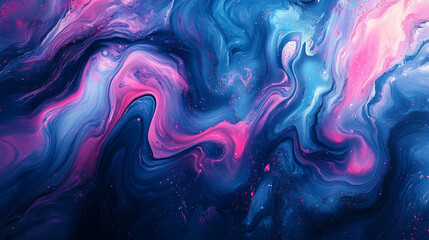 Poster - Abstract Fluid Pink And Blue Swirls Intertwining In A Cosmic Flow On A Deep Dark Background