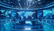 © Ace64 Studio - A modern and dynamic newsroom set, featuring a sleek news desk with the word 'NEWS' prominently displayed, surrounded by high-tech lighting and large screens displaying a world map