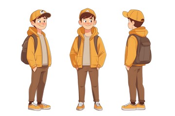 Canvas Print - Young male character in yellow outfit with backpack, three different poses