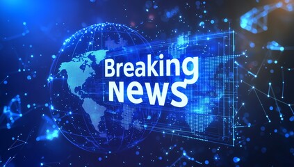 Bold, modern, eye-catching blue breaking news graphic on dark blue background, highlighting urgent information, illustration, vector, news concept representation