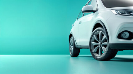 White car on teal background showcasing modern automotive design