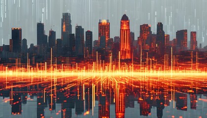 Wall Mural - Futuristic cityscape merging with dynamic data streams and code against a pixelated white background, featuring vibrant reds and oranges that symbolize technological integration.