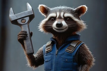 Wall Mural - Cartoon raccoon mechanic holding a wrench