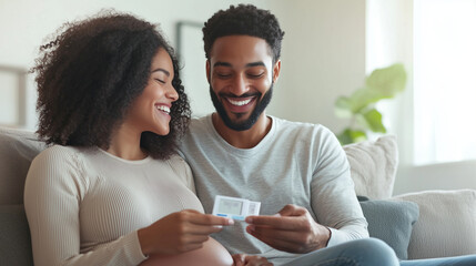 young couple sitting on a cozy sofa at home, both smiling widely as they hold a positive pregnancy test together, capturing their excitement and love for each other in this joyous