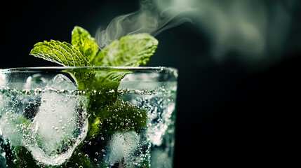 Close-up of a mojito in a frosted, steamed glass, filled with ice cubes and garnished with fresh mint leaves.