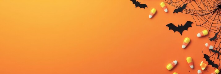 Wall Mural - Halloween-themed border with spooky spider webs, bats, and candy corn on an orange background Generative AI