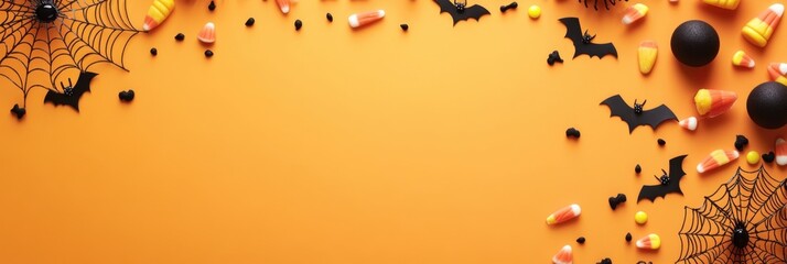 Wall Mural - A flat lay of Halloween decorations including black spider webs, bats, and candy corn on an orange background with copy space for text Generative AI