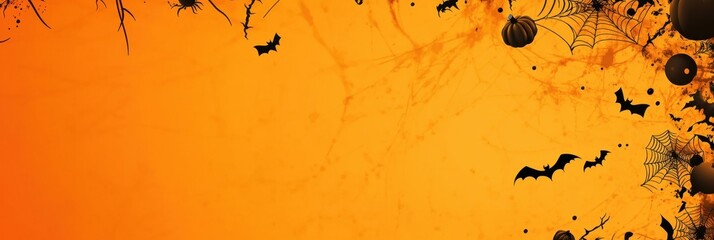 Wall Mural - A vibrant orange background with Halloween decorations like black spider webs, bats and candy corn along the top border Generative AI