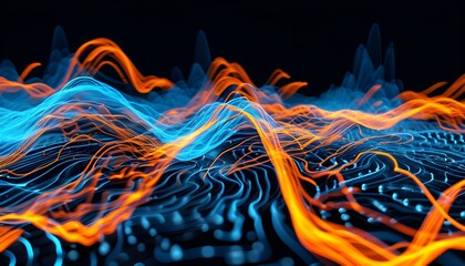 Dynamic Energy Waves in Blue and Orange on Black Background Perfect for Futuristic Wallpaper or Creative Banners