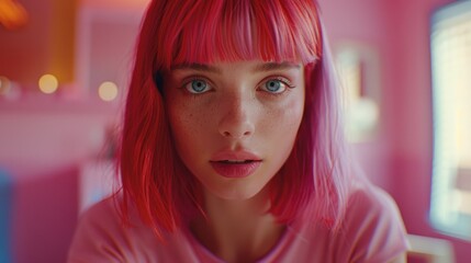 Canvas Print - Close-up of a beautiful woman with pink hair looking at the camera against a pink bedroom backdrop.