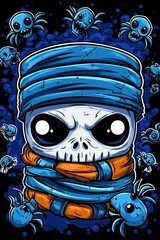 Canvas Print - Cute Skull Wrapped In Blue And Orange Bandages Surrounded By Spiders