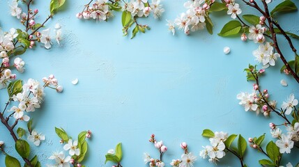 Wall Mural - A blue background with white flowers in the center. The flowers are in full bloom and are scattered throughout the frame